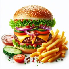 Wall Mural - Cheeseburger mit Pommes