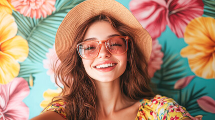 Canvas Print - A woman wearing a straw hat and sunglasses is smiling at the camera