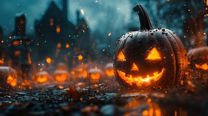 Abandoned scary house near the cemetery in the forest with pumpkins, a full moon, bats and fog. Pumpkins In Graveyard In The Spooky Night, Halloween Backdrop