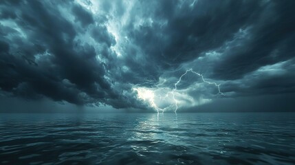 Wall Mural -   A storm rages over a tranquil body of water, its reflective surface obscured by towering clouds Amidst the tempestuous skies, a faint lightning bolt can