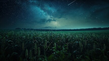 Wall Mural -   A field of towering grass beneath a starry sky, with a streaking meteor overhead