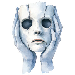 A haunting watercolor illustration of a cracked mask held by a pair of hands, symbolizing identity and emotion.