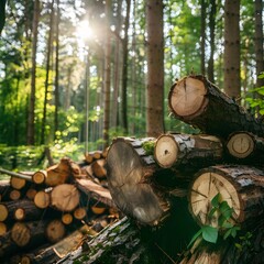 Wall Mural - stacked logs in a sunlit forest