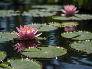 Wall Mural - Pink Water Lily Blooming in Pond with Green Lily Pads and Reflection