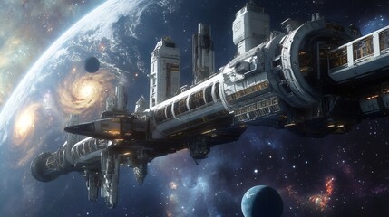 Wall Mural - A futuristic spaceship floats in space, with two planets and a nebula in the background.