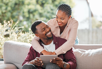 Poster - Tablet, relax and black couple in home living room reading on sofa, social media or ebook. Tech, smile and happy people web scrolling, online browsing or streaming video, movie or film in lounge