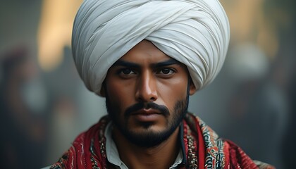 Wall Mural - A man dressed in traditional costumes, wearing a white turban, and a blurred background, seemed full of mystery.