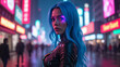 © AI Visions - Incredibly beautiful girl with blue hair in cyberpunk style with Japanese signs on the background. Neon style