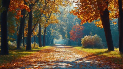 Poster - A picturesque park scene featuring a walking path shaded by tall trees