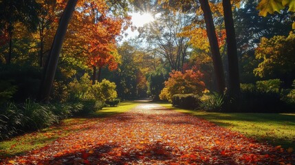 Poster - A picturesque park scene featuring a walking path shaded by tall trees