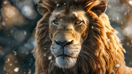 Wall Mural - Close-up portrait of a lion's face with a majestic mane, looking directly at the camera with golden eyes.