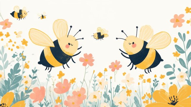 A cheerful spring banner featuring hand-drawn illustrations of blossoms and bees