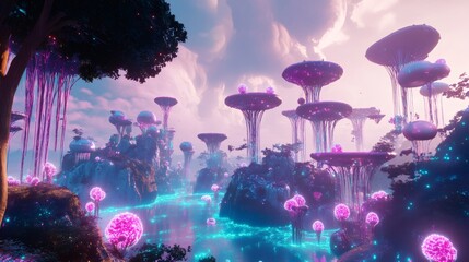 Wall Mural - A glowing, surreal forest with bioluminescent trees, purple, and blue light, and a magical, ethereal atmosphere.