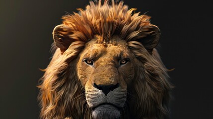 Wall Mural - A close-up portrait of a lion's face with a majestic mane against a dark background.