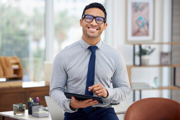Poster - Business man, portrait and tablet in office for networking, research and client communication with email. Corporate consultant, face and tech for finance, asset management and investment portfolio