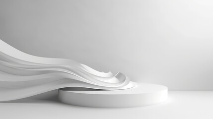 Aufkleber - Abstract white 3D podium with a wavy element in front of a blank wall.