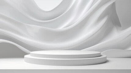 Wall Mural - Minimalist white podium with flowing fabric backdrop for product display or presentation.