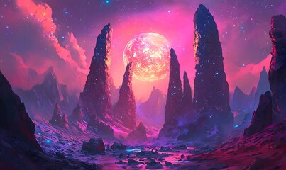 Sticker - A surreal landscape with tall rock formations under a vibrant pink sky with a large moon and stars