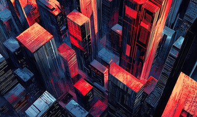 Wall Mural - An abstract aerial view of a futuristic cityscape with vibrant red and blue buildings.