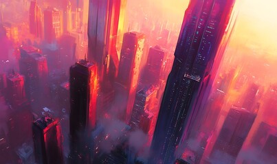 Wall Mural - A Futuristic Cityscape with Tall Buildings and a Vibrant Sunset