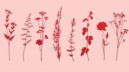 Wall Mural - A row of 8 red floral silhouettes on a pink background.