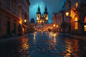 Beautiful night view of an illuminated historic European city square with cobblestone streets and a dramatic cathedral in the background.