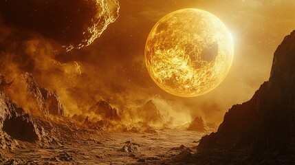 Wall Mural -   An artist's depiction of an extraterrestrial terrain featuring a massive fiery orb emerging from beneath the earth's surface