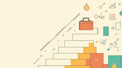 Poster - Abstract business concept featuring a briefcase at the top of an orange staircase with various icons on a light background. Represents business success, goals, and progress.
