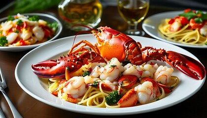 Fresh lobsters are cooked into exquisite seafood plates, served with pasta and delicious side dishes, presenting an inviting food scene.