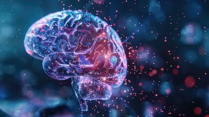Poster - A 3D rendering of a human brain with glowing particles surrounding it, representing the complexity and interconnectedness of the human mind.