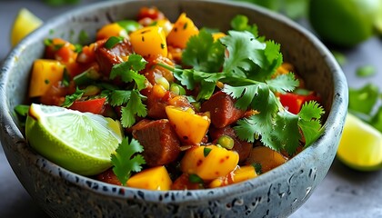 Wall Mural - The bowl contains sumptuous delicacies, served with fresh lime and coriander, rich in color and mouth-watering