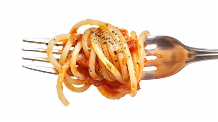 Poster - A close-up of delicious spaghetti on a fork. The pasta is coated in savory tomato sauce and sprinkled with black pepper. A perfect visual for food lovers and chefs. AI