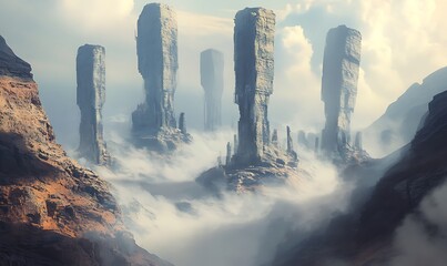 Sticker - Tall Stone Pillars Rising Through Clouds in a Misty Canyon