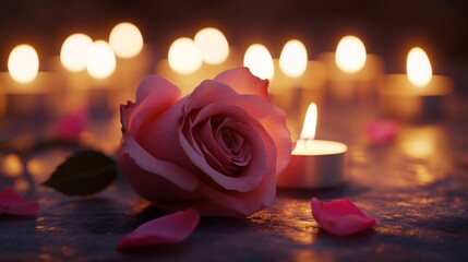 Sticker - A beautiful pink rose lays gracefully on a surface surrounded by glowing candles. The soft petals and warm light create a romantic and serene atmosphere. Perfect for decor or gifting ideas. AI