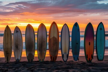 Wall Mural - A row of surfboards are lined up on a beach, generative ai image