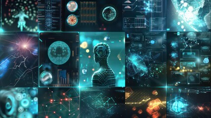 Poster - A digital collage of various data visualizations and digital information, including a futuristic human figure.