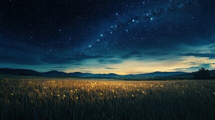   A grassy field beneath a star-studded night sky, with distant mountains visible among the celestial bodies