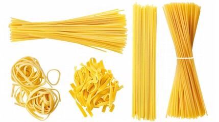 Poster - Various types of uncooked pasta arranged neatly on a white background. These noodles come in different shapes and sizes, showcasing their versatility in cooking and presentation. AI