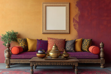 Wall Mural -  A vibrant, Indian-style living room featuring rich colors, ornate wooden furniture, and silk cushions. One large, white photo frame on the wall. Mockup for photos and art.