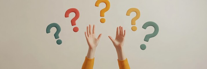 Aufkleber - Two hands reaching towards colorful question marks floating in the air. Concept of curiosity, uncertainty, and answers.