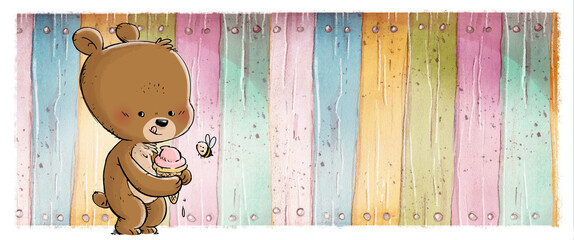 Poster - Happy bear eating ice cream