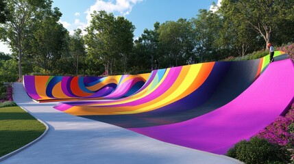 Canvas Print - A colorful skate park with a rainbow colored ramp in the middle, AI