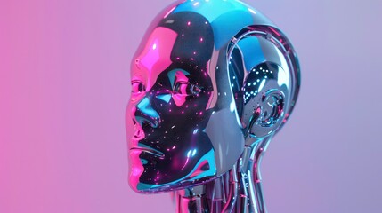 Poster - Close-up of a shiny, metallic, robotic head in a profile view against a pink and blue gradient background.