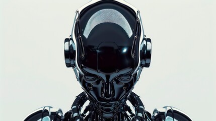 Poster - Close-up portrait of a futuristic robot with a shiny black helmet and a silver body.