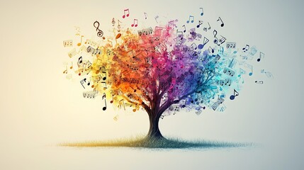 A harmonious tree radiating musical notes and rainbow colors, representing the unity and blend of natural beauty and musical creativity.