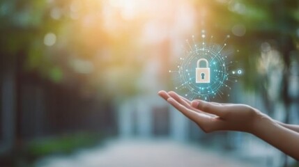 Aufkleber - Hand holding a glowing digital lock icon in an outdoor setting. Represents online security and data protection
