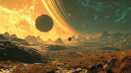 Wall Mural -   An artist's depiction of an extraterrestrial terrain featuring towering peaks, jagged cliffs, and a fading celestial body in the distance