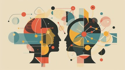 Poster - Abstract illustration of two human profiles facing each other, connected by lines and geometric shapes, representing communication, collaboration, and connection.