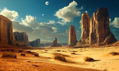 Poster - Tall Rock Formations Rising from a Sandy Desert Landscape