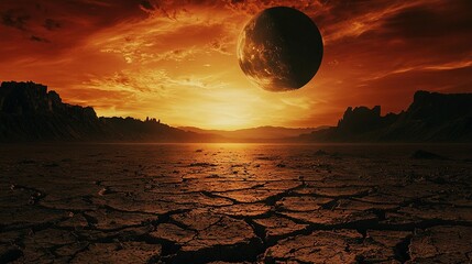 Wall Mural -  A computer-generated photo of a barren planet against a fiery sky and majestic mountain backdrop